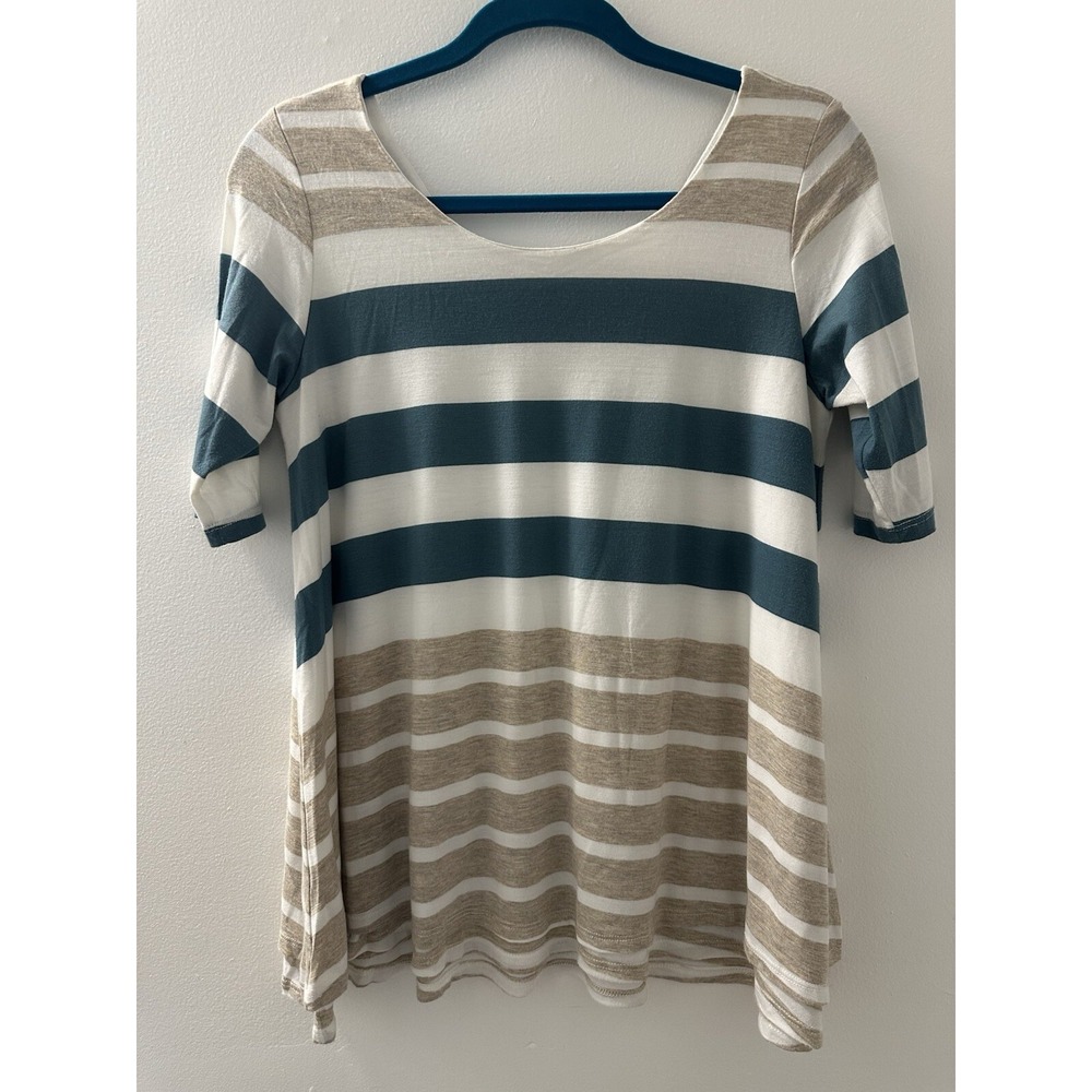 Anthropologie Puella Top Tunic Beige/Green/White Striped Short Sleeve Size S